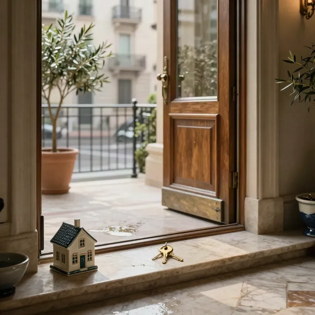 Ingresso di appartamento italiano con chiavi, casetta in ceramica, porta socchiusa e luce del mattino