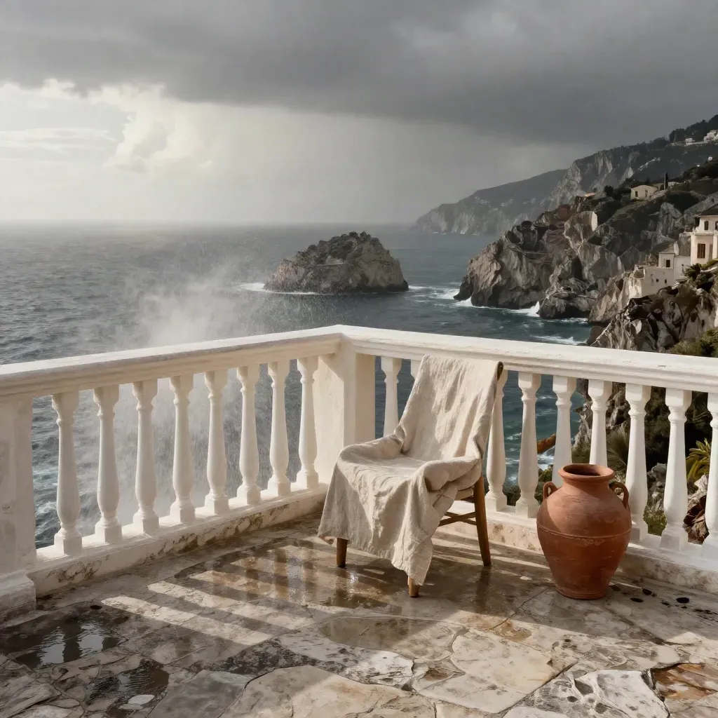 Terrazza ligure sul mare con sedia in lino, ringhiera bianca e spruzzi salmastri