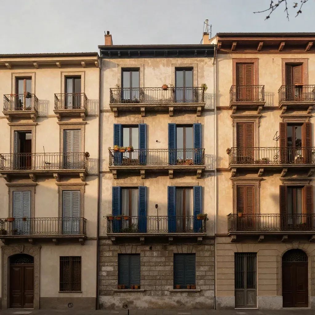 Tre facciate di palazzi con balconi e ombre mattutine, viste da strada sotto un cielo lattiginoso.