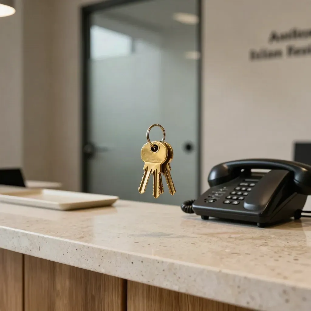 Reception di agenzia immobiliare con chiavi in ottone, telefono fisso, vassoio vuoto e porta vetrata.