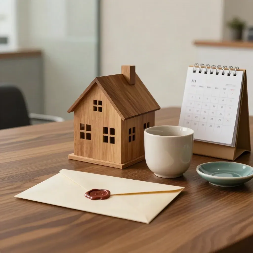 Tavolo mutuo con casetta in legno, busta sigillata, tazza opaca e calendario chiuso.