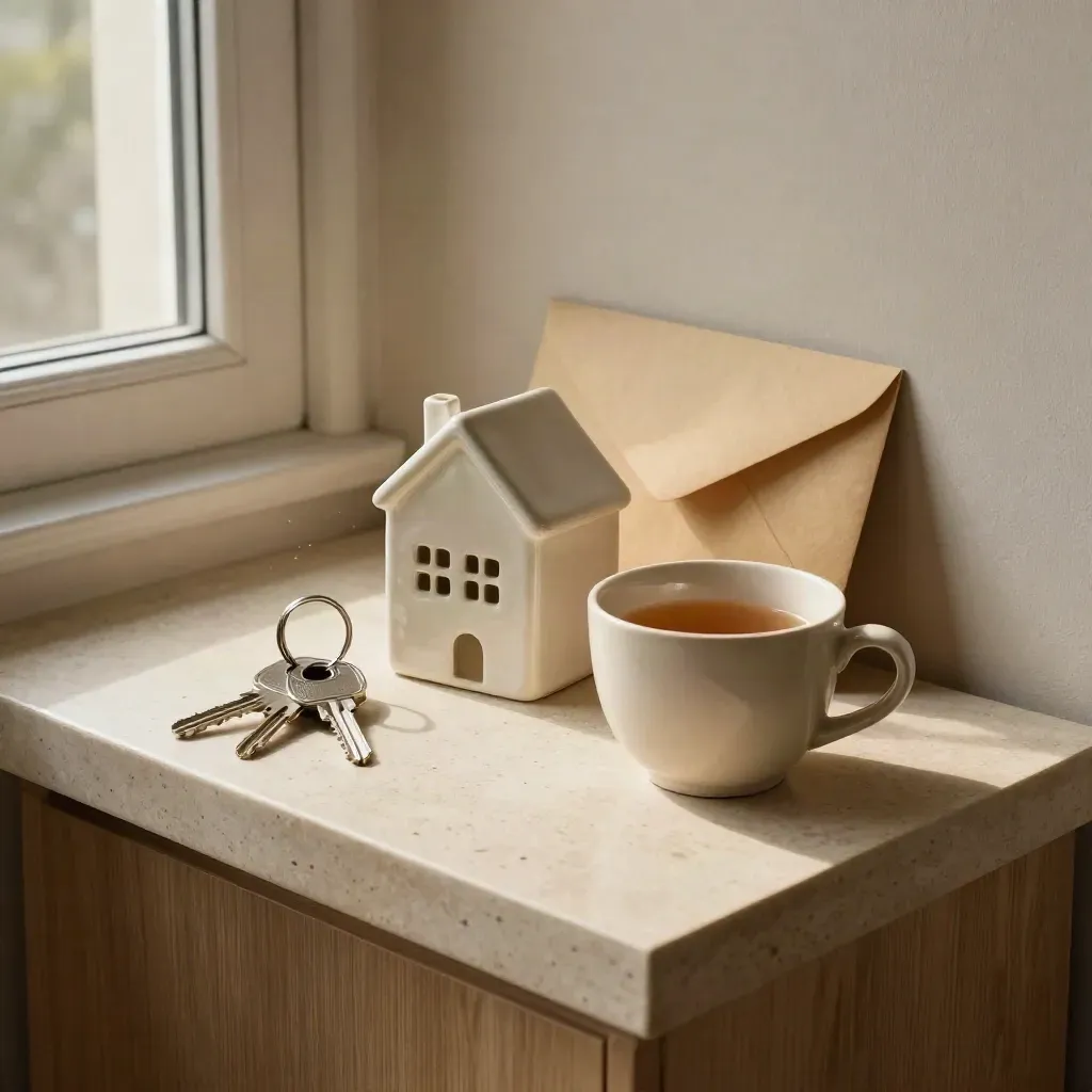 Chiavi, casetta miniatura, busta chiusa e tazza su travertino, luce di finestra ferma.