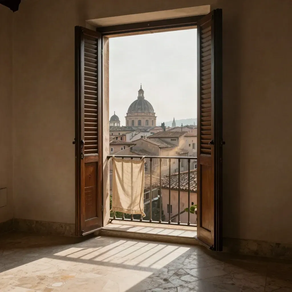 Interno romano con balcone aperto, travertino e cupole lontane nel pomeriggio