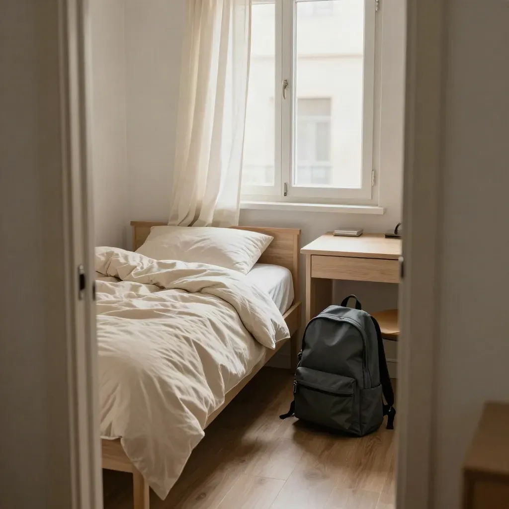 Monolocale per studenti a Bologna con letto, scrivania, zaino e finestra alta in luce morbida.