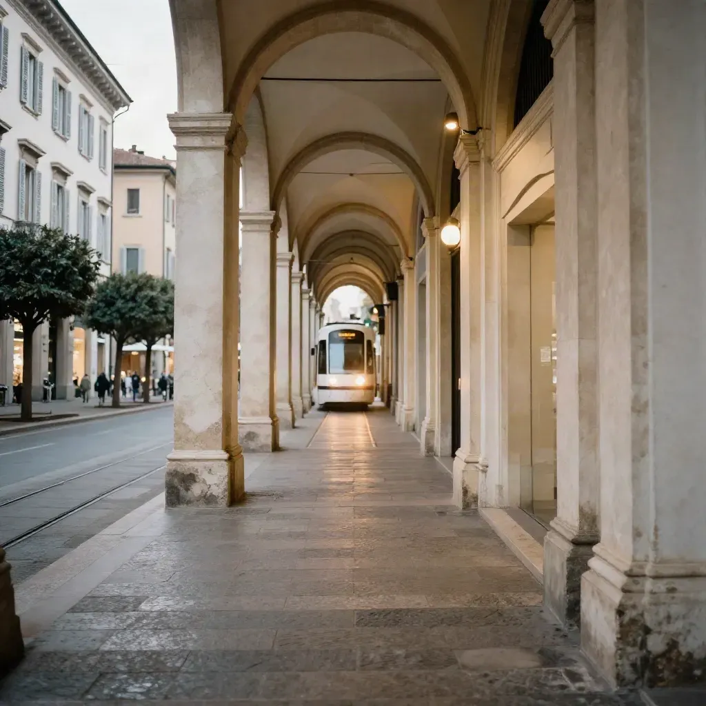 Portici torinesi con tram lontano, facciate ordinate e luce calda sul selciato.