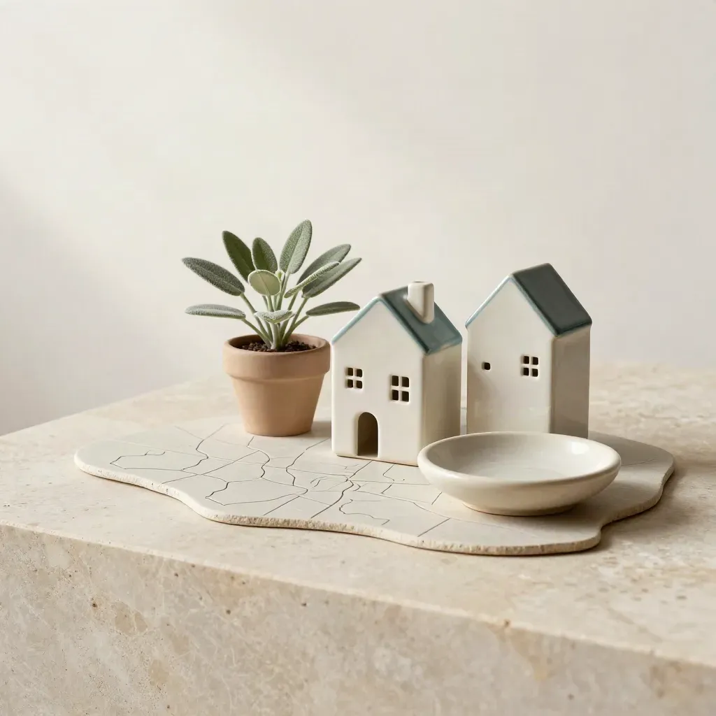 Segnaposto architettonico con casette in ceramica, piantina bassa e piatto in pietra.